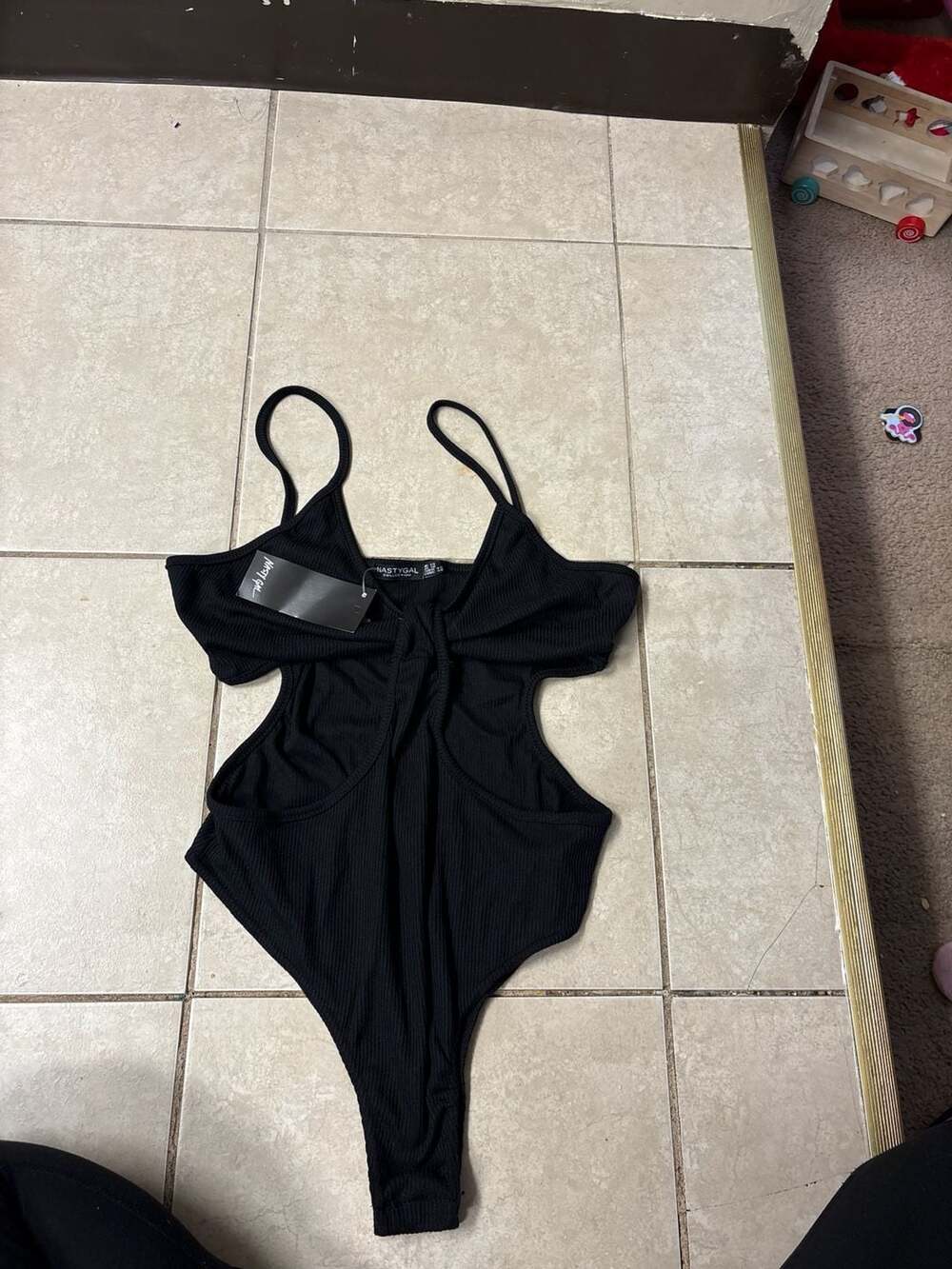 Nasty Gal Ribbed Cut-Out O-Ring Detail Bodysuit in Black
